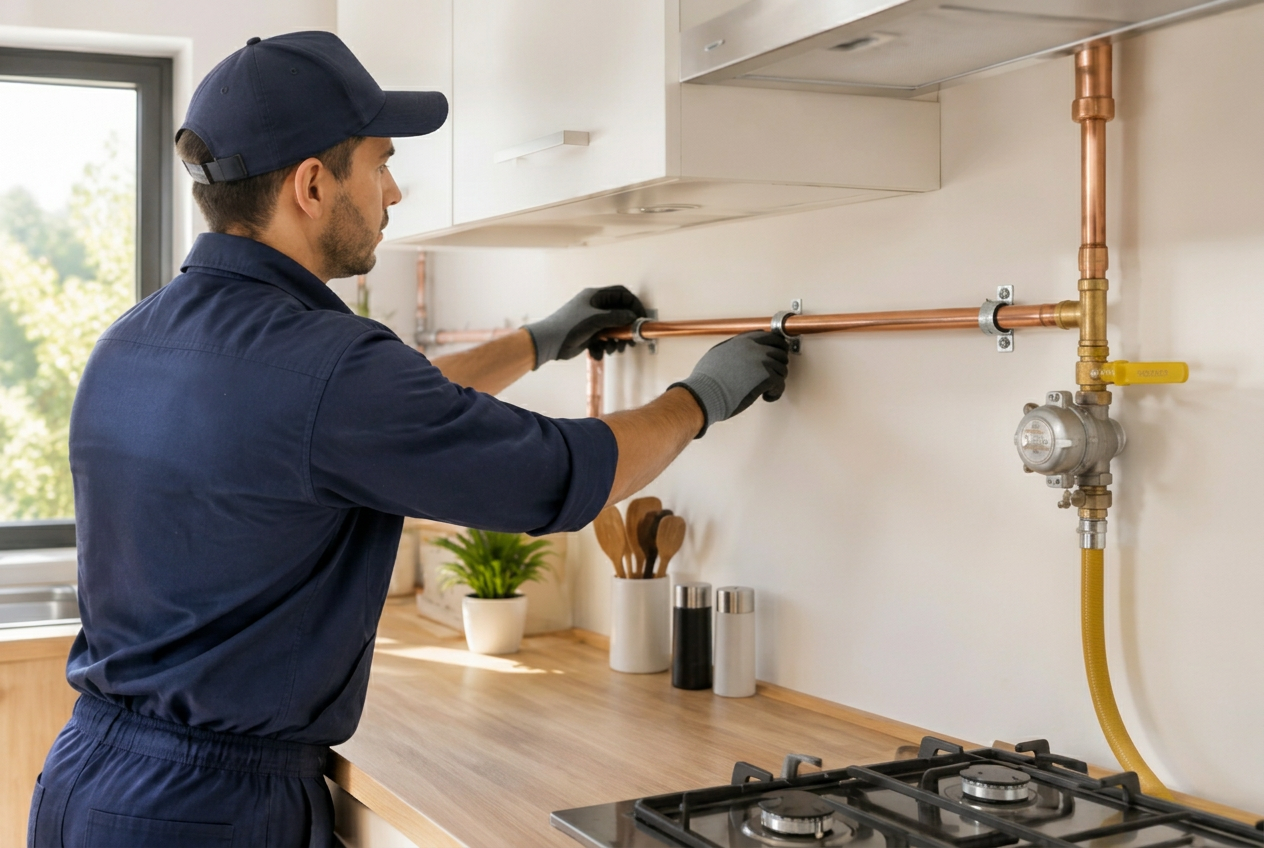 Professional installing a copper LPG gas pipeline in a modern kitchen